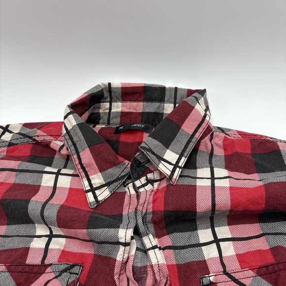 Obey‎ Flannel Shirt Button Down Mens Size Medium Red Checkered Long Sleeve - Picture 9 of 15